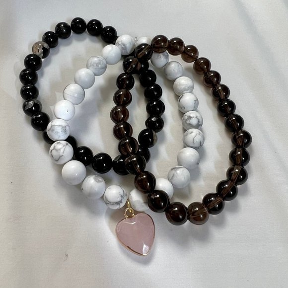 Smokey Quartz, Howlite, Black Tourmaline Stone Bracelet 8 MM Bead Set of 3 - Picture 1 of 10